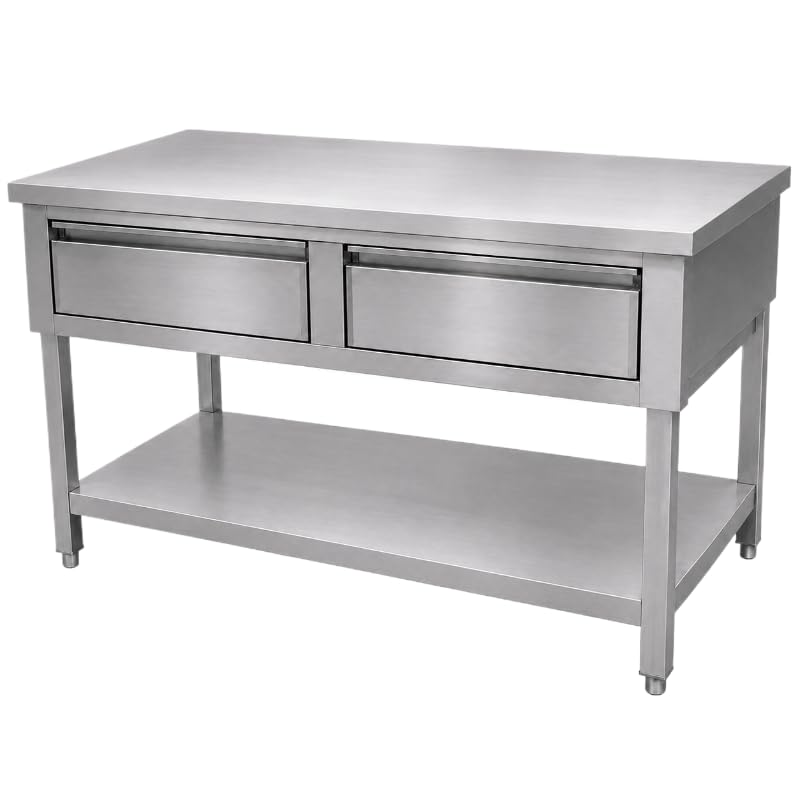 Mesa de acero inoxidable central 1000 × 700 mm con 2 cajones y estante bajo