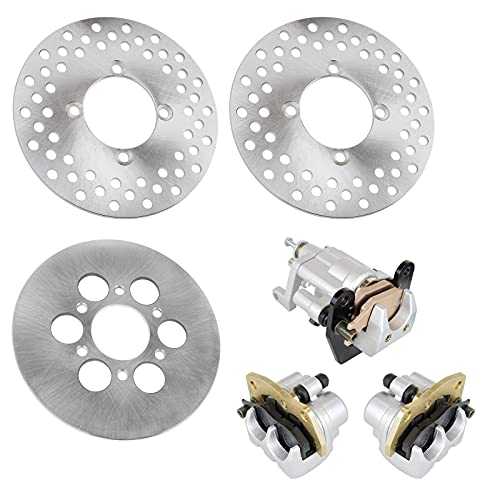 Caltric Front Rear Brake Caliper Disc Rotor with Pad Compatible with Yamaha Rhino 660 YXR660 4X4 2004 2005 2006 2007