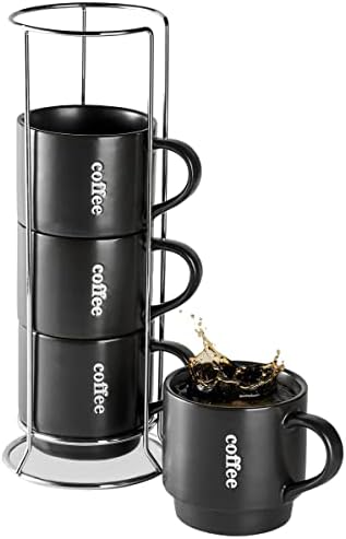 LAUCHUH Stackable Coffee Mug Set with Rack - 15 Ounce for Coffee, Tea, Cocoa, Milk, Christmas Mugs Gift Set of 4 Black Matte,Black