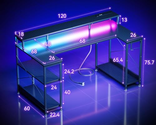 AODK ゲーミングデスク ゲームデスク パソコンデスク U字型 幅120cm 両側ラック&コンセント付き 机 pcデスク gaming desk ゲーミングテーブル LED&モニター台付き 左右入れ替え対応 おしゃれ カーボン調ブラック [3]