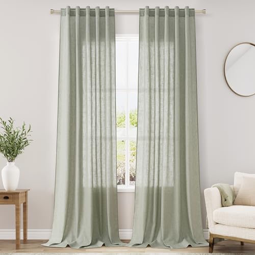 Image of Sage Green Linen Textured 96 Inch Curtains 2 Panel Set Back Tab Rod Pocket Sheer Pleated Boho Room Decor Aesthetic Curtains Pale Green Burlap Look Curtain Drapes for Living Room Bedroom 8Ft 40x96