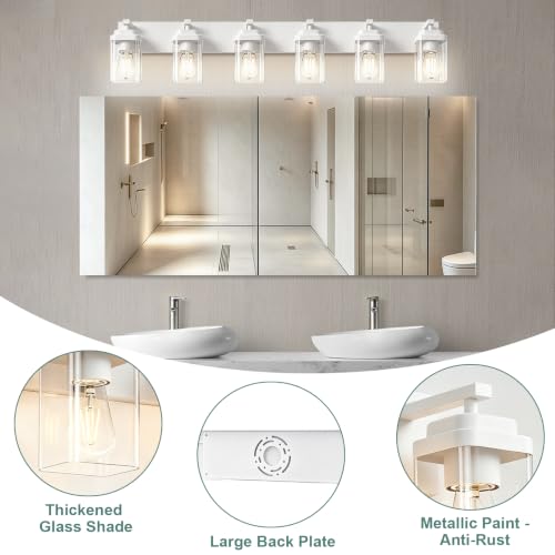 Image of White Bathroom Light Fixtures, 6 Lights Bathroom Lighting Fixtures Over Mirror, Square Design & Rectangle Large Backplate, Modern Vanity Lighting Fixtures, for Bathroom /Living Room /Bedroom