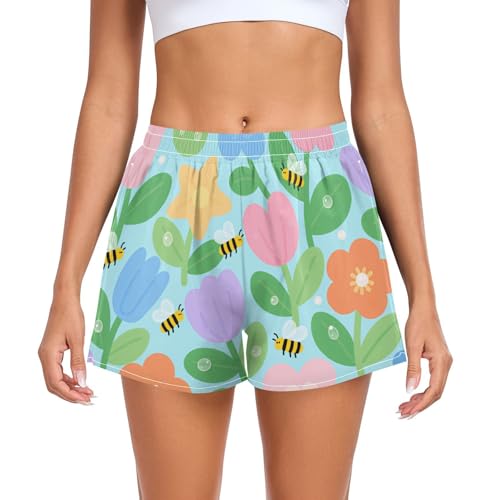 Lovely Colorful Flowers Women's Athletic Shorts Ouick Dry Lady Athletic Sweat Shorts for Running Yoga Sports Beach Shores para Mujeres de Verano L
