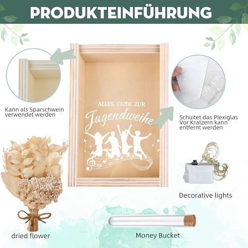 Jugendweihe Geschenke, Geldgeschenk Jugendweihe für Mädchen und Jungen, Alles Gute zur Jugendweihe Deko, inklusive Getrocknete Blumen, Holzbox, Kunststoff Reagenzglas, Lichterketten