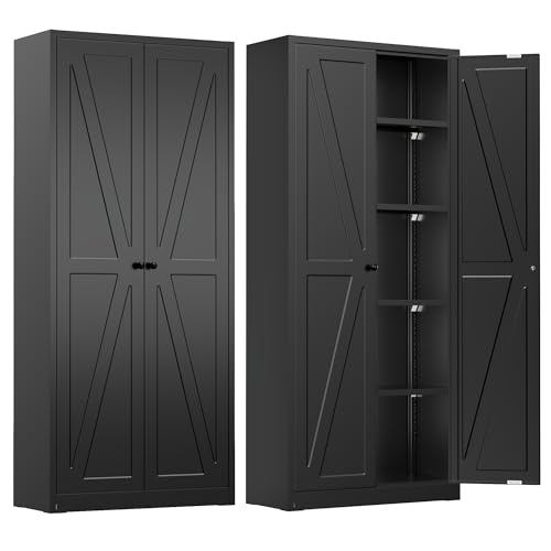 Image of INTERGREAT Metal Storage Cabinet with Magnetic Doors, 63 inch H Modern Classic Style Metal Cabinets with 2 Doors and 4 Adjustable Shelves for Home Office, Kitchen, Bathroom (Black)