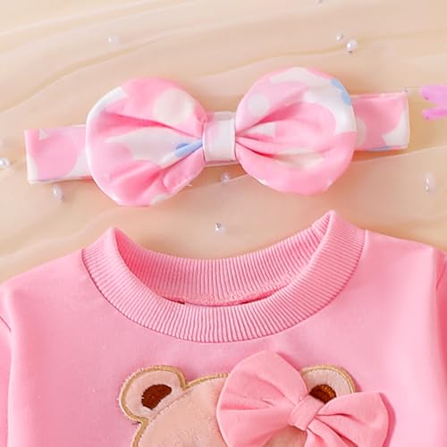 Image of Baby Girl Clothes Fall Winter Long Sleeve Bear Cartoon Sweatshirt Flare Pants Bow Headband Set 6 Months-4 Years Old