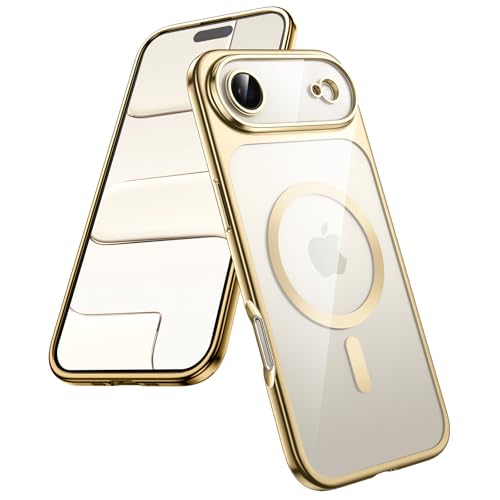iPhone 17 Air用 マグネットケース カメラレンズ全面保護 MagSafeに対応 ソフト電着加工TPUフレーム ハードクリアPCバック 耐衝撃スマホカバー 6.5インチディスプレイ (ゴールド) 5795D