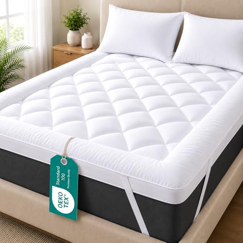 Linens World Mattress Topper Double Bed 10cm Thick Quilted Super Soft Microfiber Topper 1200GSM Hollow Fiber Fill Breathable & Washable with Strong Elastic Straps for Extra Comfort (137×190cm)