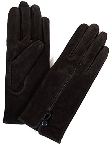 Ladies Suede Gloves with Fleece Lining and Button Design - Brown - Small (6.5