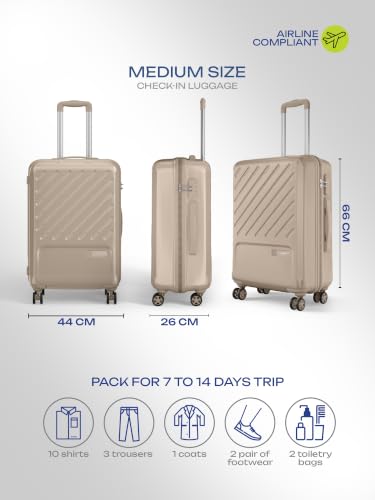 Image of Safari Medium Symphony 66cm Trolley Bag Hard Case Polypropylene, 8 Spinner Wheels, 360 Degree Wheeling Carry on Luggage, Travel Bag, Suitcase for Travel, Trolley Bags for Travel, Dark Champagne