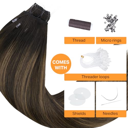 Image of DOORES Beaded Weft Extensions Hair, 14 Inch 80g Balayage Dark Brown to Chestnut Brown Hair Extensions Real Humen Hair Micro Bead Weft, Straight