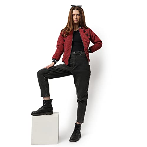 Image of Campus Sutra Women Red Puffer Regular Fit Bomber Jacket For Winter Wear | Low-Cut Standing Collar | Full Sleeve | Zipper | Casual Jacket For Woman & Girl | Western Stylish Jacket For Women