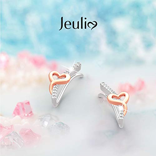 Jeulia Women 925 Sterling Silver Heart Earrings 14K Gold Plated Cubic Zirconia Climber Earrings Ear Cuffs Hoop Hypoallergenic Earring Romantic Jewelry Gift (Silver) #TOP2