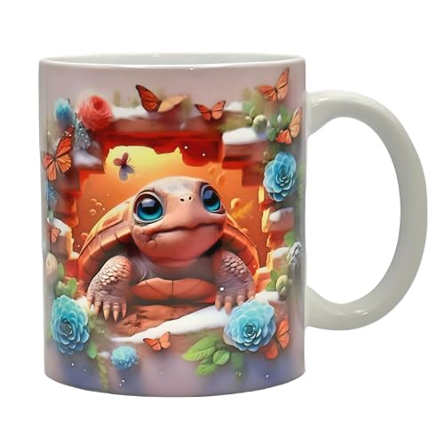 Shopi Zone Caneca de cerâmica tartaruga com borboletas e flores, design artístico realista e colorido, presente criativo para amantes de animais e colecionadores