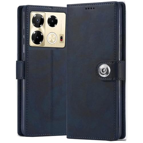 Image of Genuine Leather Inside Back TPU Wallet Button Magnetic Compatible Model for Infinix X6852 / Note 40 5G - Navy Blue