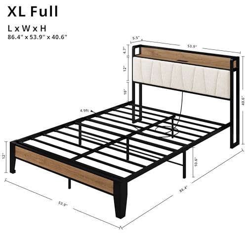 LIKIMIO Full XL Bed Frames, Storage Headboard with Charging Station, Solid and Stable, Noise Free, No Box Spring Needed, Easy Assembly, Wood and Cream