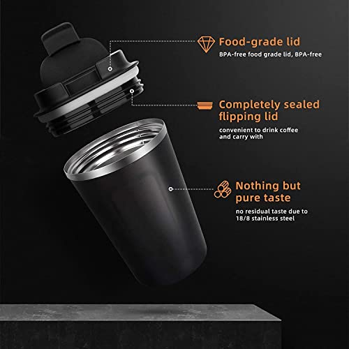 Image of Roslen Insulated Coffee Cup with Leak Proof Lid, Double Walled Travel Mug Vacuum Insulation Stainless Steel with Leakproof Lid Reusable Cup for Coffee, Tea, Beer for Hot and Cold (Black)
