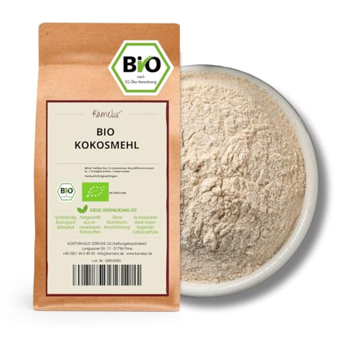 Kamelur 1kg farine de coco BIO déshuilée - farine de coco faible en glucides et sans additifs - farine de coco BIO en emballage biodégradable