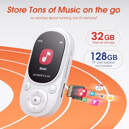 Image of AUDIOCULAR M11 32GB Mp3 Player with Clip, Portable, Mini, Bluetooth Digital Music Player Support Upto128GB External Storage, Pedometer, FM Radio, Voice Recorder, E-Book, Stopwatch (32GB - White)