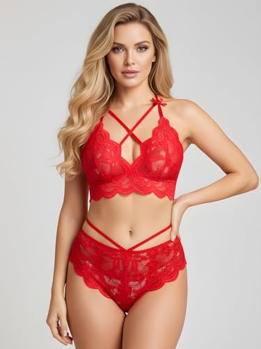 Image of Xs and Os Women's Strappy Lace Bra Panty Lingerie Set