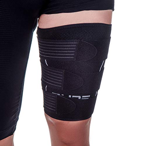 Pure Athlete Thigh Compression Sleeve – Adjustable Straps Quad Wrap Support Brace, Hamstring Upper Leg (1 Sleeve - Black, Small)