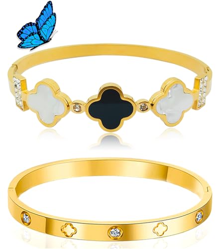 Clover Bracelet for Women, Stainless Steel Four Leaf Clover Bracelet, 18K Gold Plated Stackable Bracelet Jewelry, Lucky Love Cuff Bangle, Birthday Gift for Women