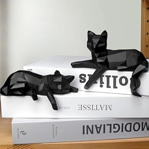 Bookshelf Decor Cat Statue, Modern Geometric Cat Figurines for Living Room Office Shelves Coffee Table Desk Decor – Set of 2 Minimalist Animal Statues (Black)