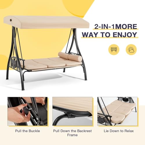Image of HOMREST 3 Seat Outdoor Porch Swing with 1.5 inch Deepened Cup Holder, Adjustable Canopy, Patio Swing Bed with Stand, Patio Glider Swing with Thicken Cushions, Pillow for Yard, Garden(Khaki)