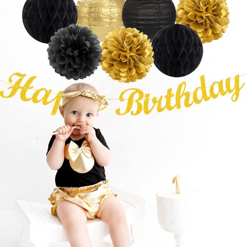 Image of Black Gold Women-Men Birthday Party-decorations - 21pcs Happy Banner,Paper Streamers Lanterns Honeycomb,Tissue Pom Poms Fan,Classroom Birthday Supplies Decor Huglony