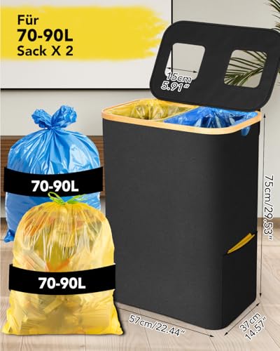SOUTHGATE Gelber Sack Ständer 2 Fächer | 160L Stabiler Gelber Sack Behälter mit Deckel | Modulares Trennsystem für 70-90L Wertstoffsäcke & Blaue Säcke | Küche & Haushalt | Schwarz