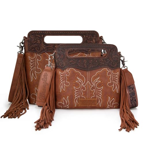 Image of Wrangler Western Handbag for Women Crossbody Bag Top Handle Shoulder Bag Embossed Cowgirl Fringe Purse