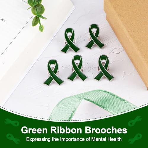 Image of WANDIC 100 Pcs Green Ribbon Pin, Mental Health Liver Cancer Bile Duct Cancer Environment Issue Awareness Ribbon Brooches Hope Faith Lapel Pin for Men Women Charity Event