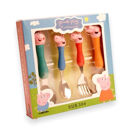 Image of Stainless Steel Cartoon Peppa Pig Kids Spoons and Forks Set and Handle for Kids, Steel Spoon for Baby Feeding, Small Spoon for Kids (Pack of 4) (2 Spoons and 2 Forks)