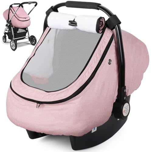Image of Rquite Car Seat Cover Baby, Winter Carseat Covers Boy Girl, Waterproof Infant Car Seat Cover, Warm Car Seat Canopy, Newborn Cold Weather Shield, Baby Carrier/Stroller Cover with 2 Layers Window, Pink