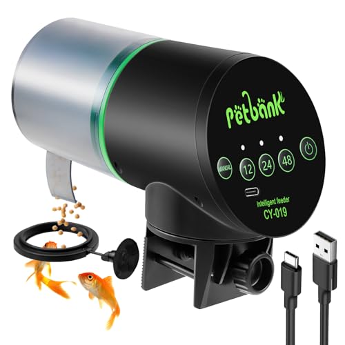 Petbank Automatic Fish Feeder for Aquarium - Auto Fish Food Dispenser Rechargeable for Small Large Tank with USB Charger Cable，12/24/48H Interval Esay Set Up (Black, CY-019)
