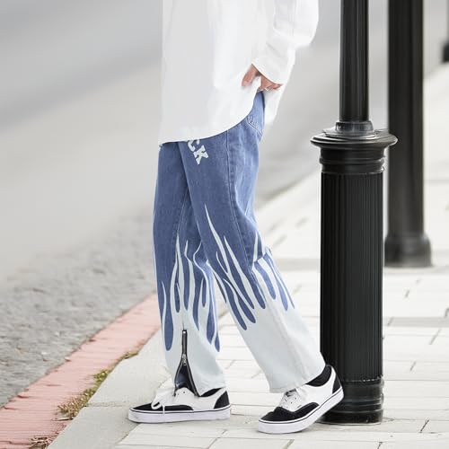Baggy Jeans Men Graphic Flame Y2k Denim Pants Casual Streetwear for Skater Jeans with Zipper Bottom Hip Pop2