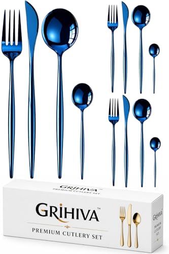 Image of 12 Pcs Blue Slim Handle Stainless Steel Cutlery Set for Dining Table with Spoons and Forks Set + Butterknives - The Perfect Tableware /Flatware