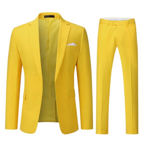 YOUTHUP Costume Homme 2 Pièces Revers Cranté Un Bouton Slim Fit Mariage Smoking Formel Business Couleur Unie Jaune M