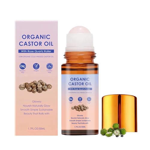 Aceite de Ricino Bio con Roll-On de Cuarzo Rosa (50ml) - Prensado en Frío y Vegano - Cuidado Nutritivo para Pestañas, Cejas y Cabello - Hidratante y Reafirmante para Rostro y Cuerpo (1 Pack)