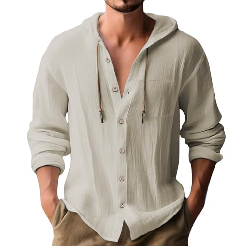 Guayabera Shirts for Men Cotton Linen Tropical Hoodies Button Down Holiday Casual Hawaiian Long Sleeve Loose Tops