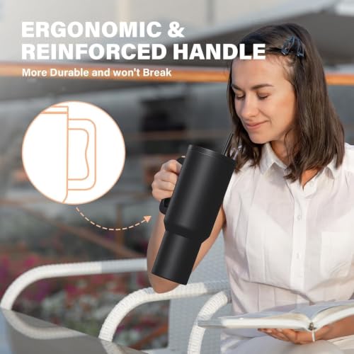 Image of NYRWANA 1200ML Stainless Steel Tumbler - Hot & Cold | Double Insulated Travel Mug with Handle, Leak-Proof Lid & 2 Straws | Dishwasher Safe | Ideal for Gym, Travel & Office (Black)