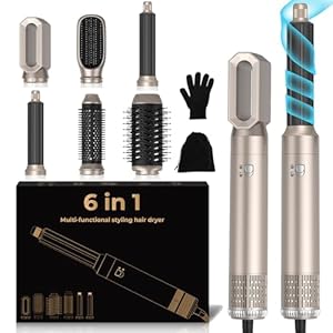 6 in 1 Hairstyler Pro, Haartrockner & Air Styler mit Lockenstab Automatisch Airflow, Hair Dryer, Rundbürstenföhn, Thermal Brush, Haarglätter, Airbrush Multistyler Geschenkset für Frauen Styling (Gold)