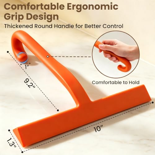 Image of 10 Inch Silicone Shower Squeegee for Glass Doors, Streak-Free, Orange | No-Squeak Silicone Blade, Ergonomic Round Grip and Built-In Hook for Quick Daily Cleaning of Shower Glass, Tile and Windows