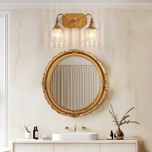 Image of LmnLvn Brushed Gold 2-Light Bathroom Light Fixture, Crystal Glass Shade