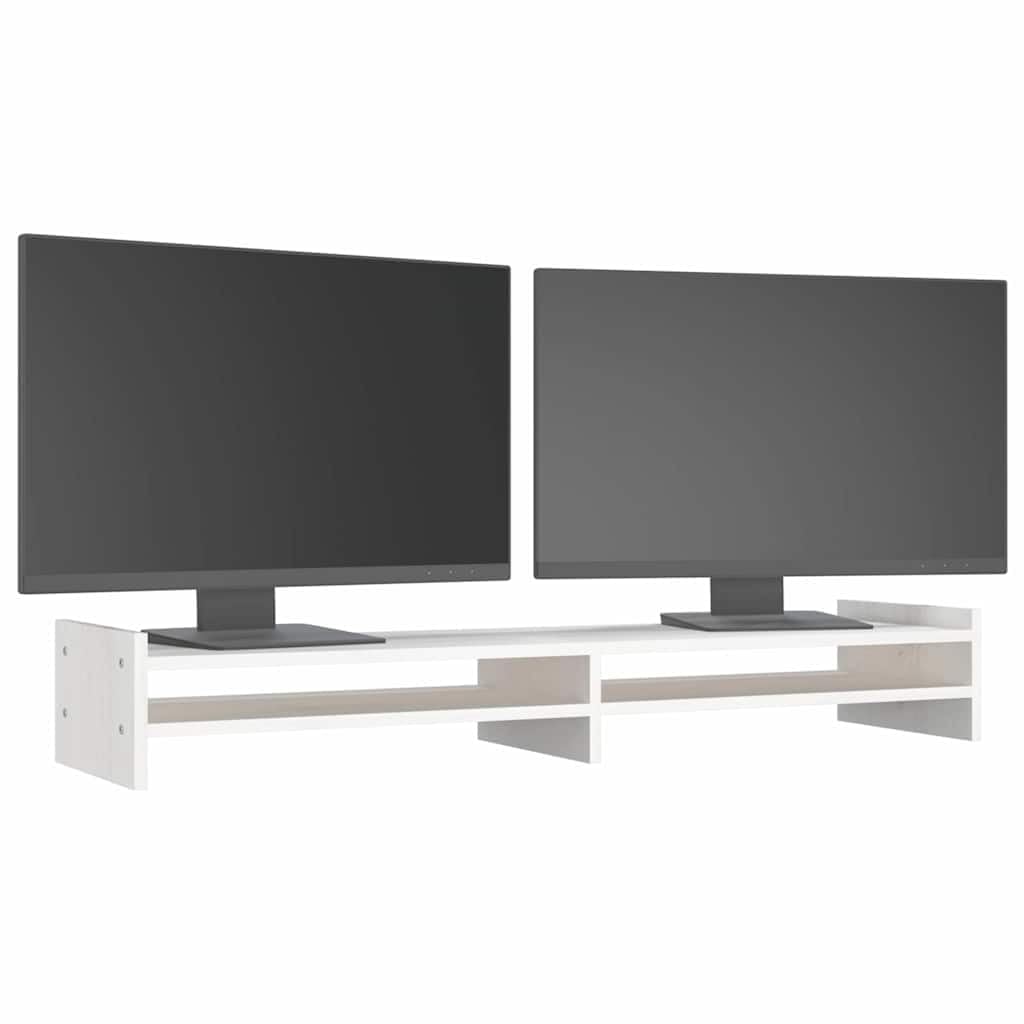 Supporto per monitor bianco in legno di pino massiccio, 100 x 27 x 15 cm, supporto da scrivania con vano portaoggetti, supporto per laptop e supporto per tablet, per ufficio, casa, postazione