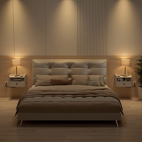 Hoseoka Floating Nightstands Set Of 2, Modern White Nightstands With Charging Station And Usb Ports Wall Mounted Bedside Tables With Storage Drawer For Home Bedroom, Bathroom, Living Room #TOP4