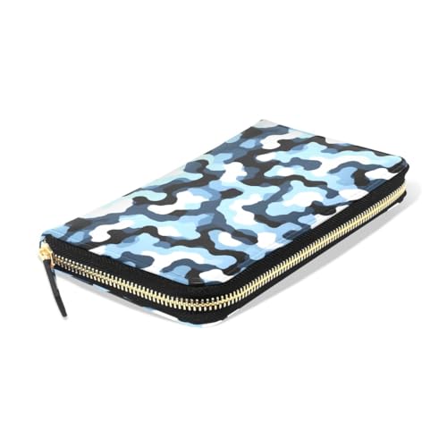 Long Wallets Leather Bifold Wallet for Women Blue Camouflage with Zipper Credit Card Holder Large Capacity3