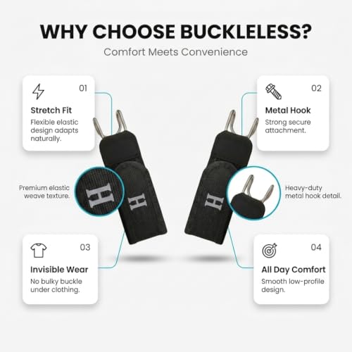 Image of Buckleless Belt for Men & Women - 2 Pack Tactical Metal Hook Elastic Invisible WaistBelt, No Buckle Clip On EDC Belt for Jeans, Work & Outdoor (Black)
