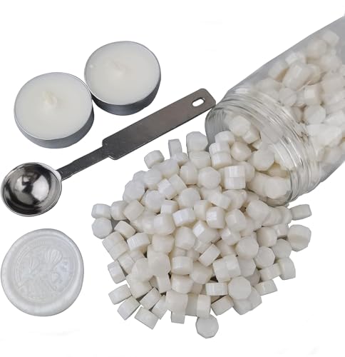AMTOL Lot de 300 perles de cire à cacheter avec 2 bougies blanches et 1 cuillère à fondre de la cire, idéales pour les invitations de mariage, les enveloppes, les emballages cadeaux(perle blanche)