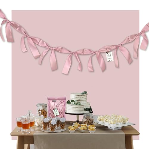 Image of Rosewood Blush Pink Bow Garland - Pre-Assembled 6ft Rustic Baby Shower Decor, Coquette Birthday & Bridal Shower Backdrop, Thick Matte Satin Bow Decor